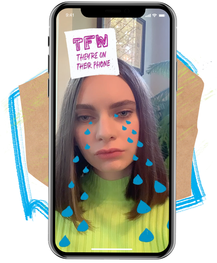 Instagram filter with fake tears on a phone